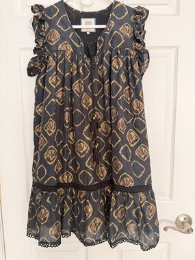 EUC Bell by Alicia 🌼 Bell Cotton-Silk, Black & Gold Dress Sz. S